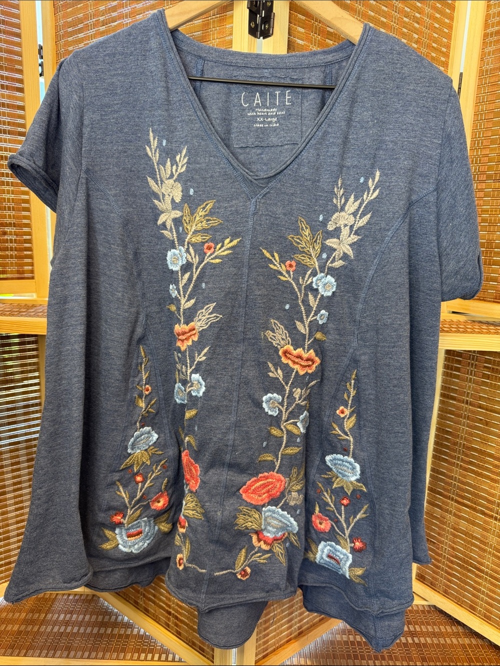 Caite Navy V-Neck Embroidered Floral Tunic N0335